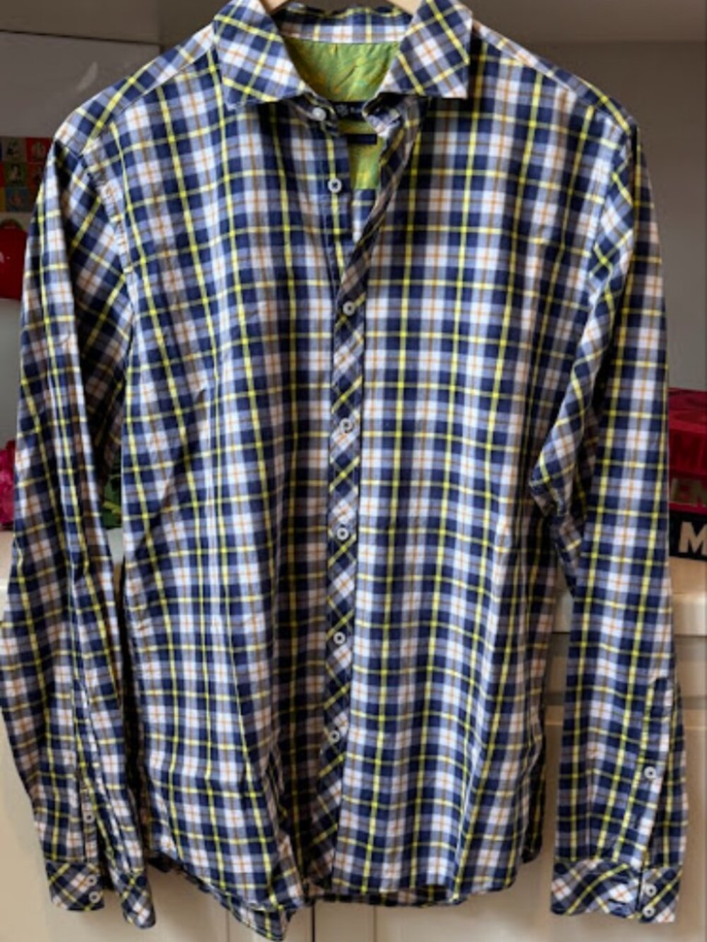 Stone Rose Mens Size 2 S Plaid Button Down Shirt Navy Yellow